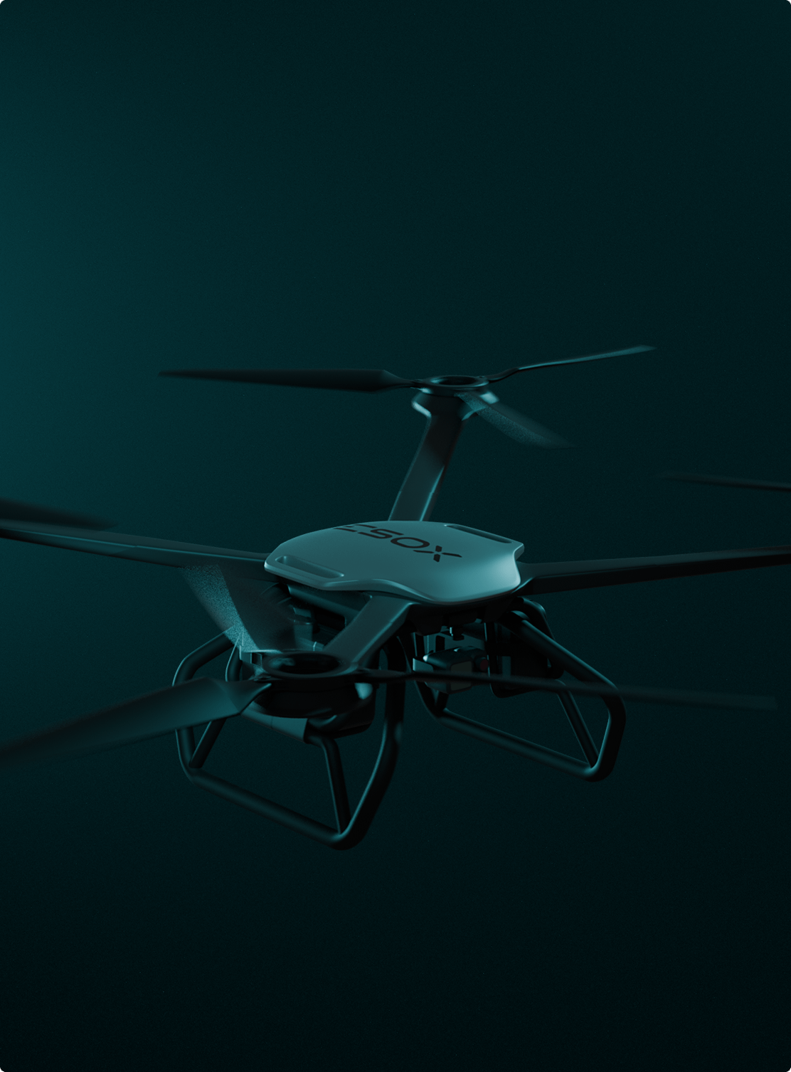 A black drone with four propellers hovers in midair against a dark teal background, illuminated by a soft light from above.