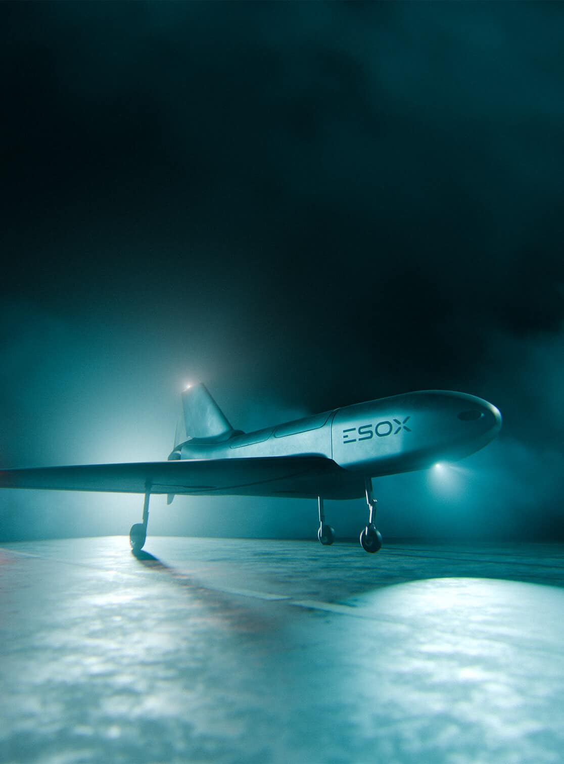 A sleek, futuristic drone aircraft labeled "ESOX" sits on a misty runway at night, illuminated by blue-tinted lights and surrounded by fog.
