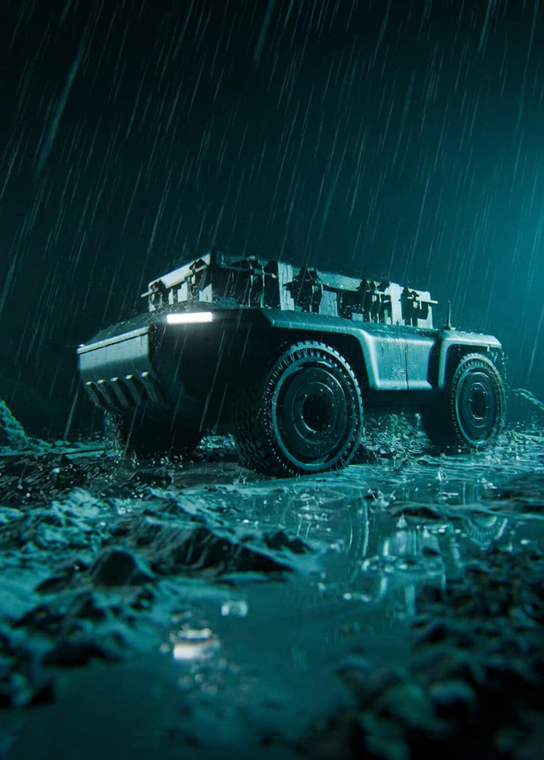 A rugged, unmanned off-road vehicle with bright headlights sits on muddy, rocky terrain in heavy rain at night, illuminated by teal lighting.