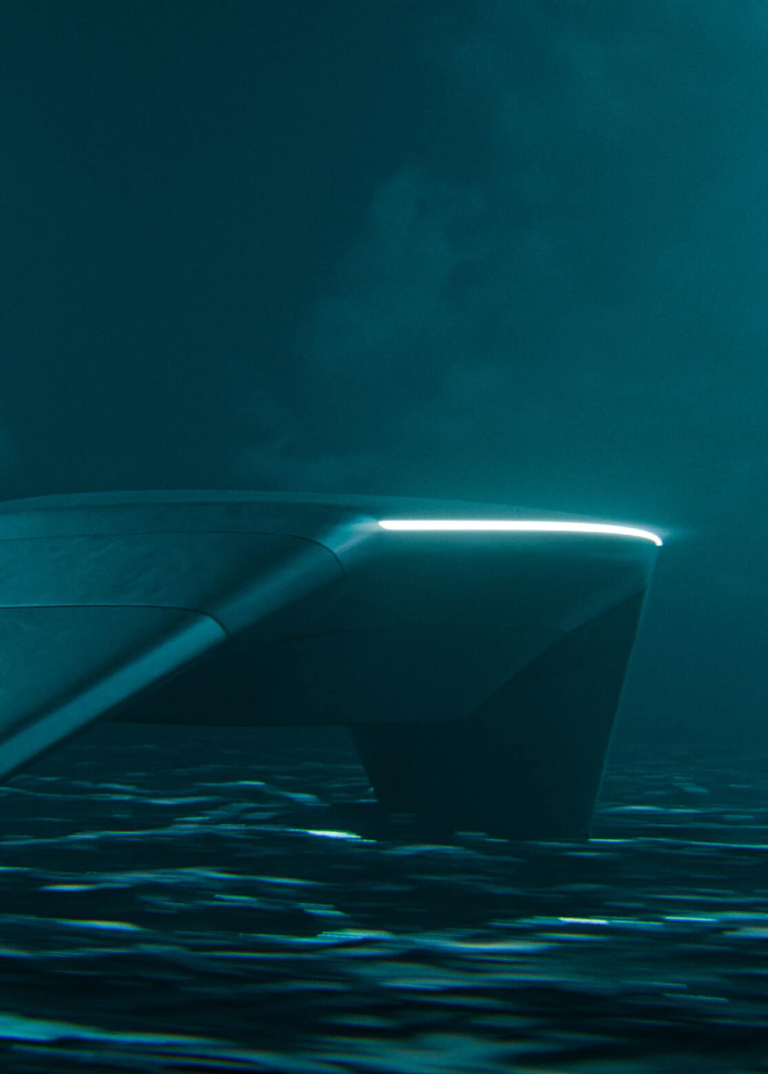 A futuristic, sleek boat with glowing edges moves through dark, misty water at night, illuminated by teal lighting.