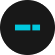 A black circle with a short cyan horizontal bar and a small cyan square inside it, centered on a light gray background.