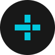 A bright blue geometric plus sign is centered on a solid black circular background.
