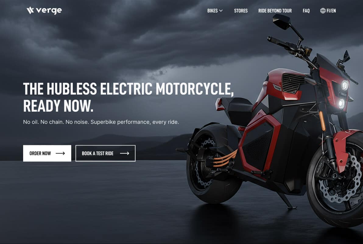 A sleek red and black hubless electric motorcycle is parked on an empty road under a cloudy sky, with the Verge logo and navigation menu at the top. Text highlights its electric, chainless design and options to order or book a test ride.