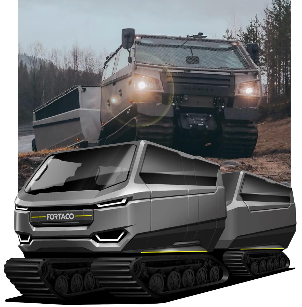 A tracked, all-terrain vehicle with a rugged, modern design is shown outdoors on muddy terrain. Below, a digital illustration of the same vehicle, labeled "FORTACO," highlights its sleek, futuristic features.