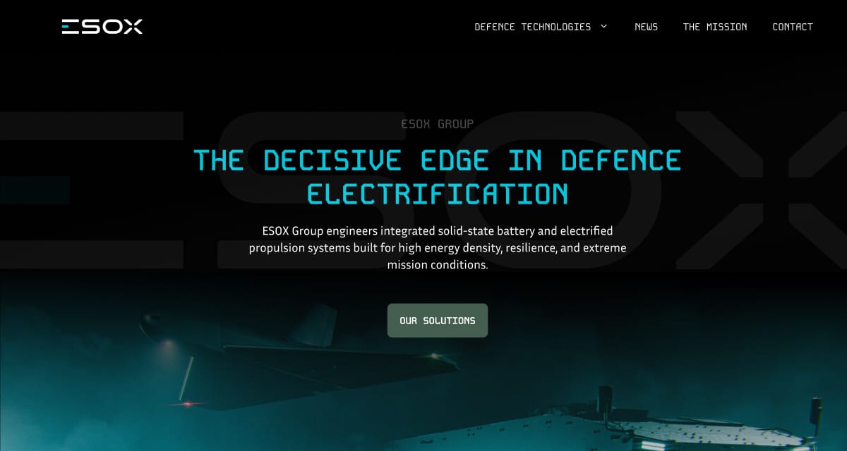 esox-case A modern website homepage for ESOX Group, featuring bold text about defence electrification, navigation links at the top, and an image of advanced technology with a drone and electronic equipment at the bottom.