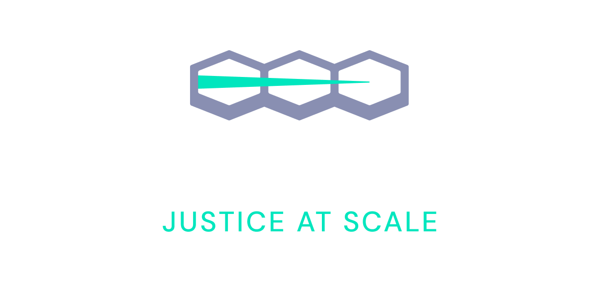 Logo featuring the word "STINGBASE" in bold white letters with a hexagonal chain design above it. Below, the phrase "JUSTICE AT SCALE" is written in smaller blue letters.