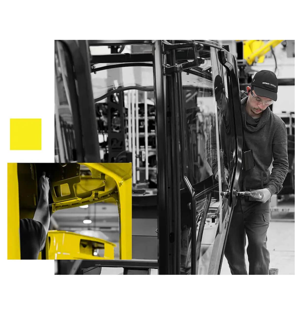 A worker in a factory uses a tool to assemble or repair a large black metal frame. The main image is in black and white, while a smaller inset shows a close-up of the process in yellow and black tones.