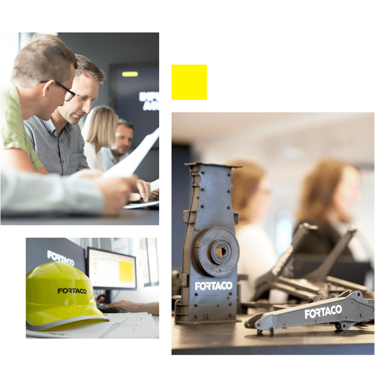 Three people collaborate at a desk, a yellow hard hat and computer screen display the Fortaco logo, and Fortaco-branded metal machinery parts are shown in close-up.