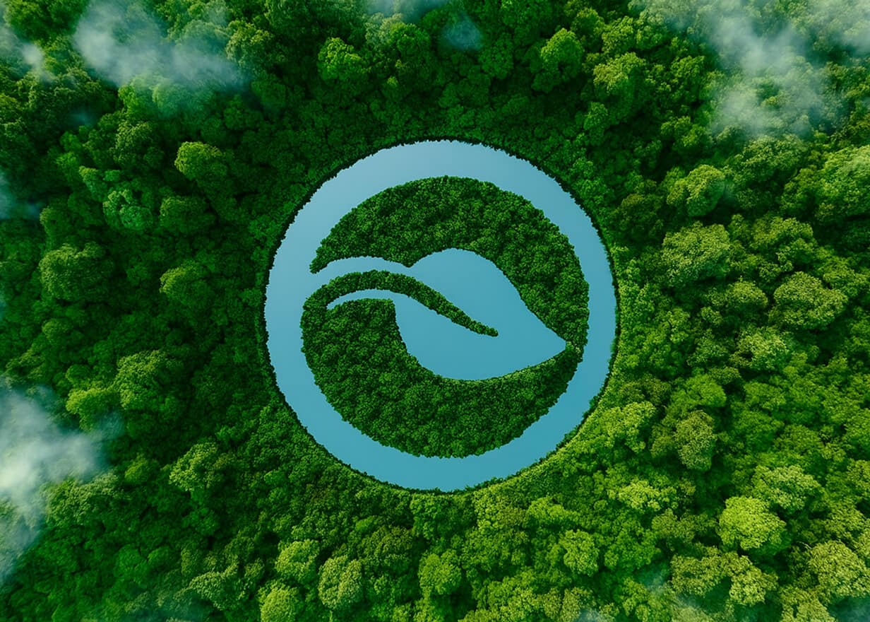 Aerial view of dense green forest with a large, circular lake in the center, shaped like a leaf inside a circle, symbolizing nature and environmental conservation.