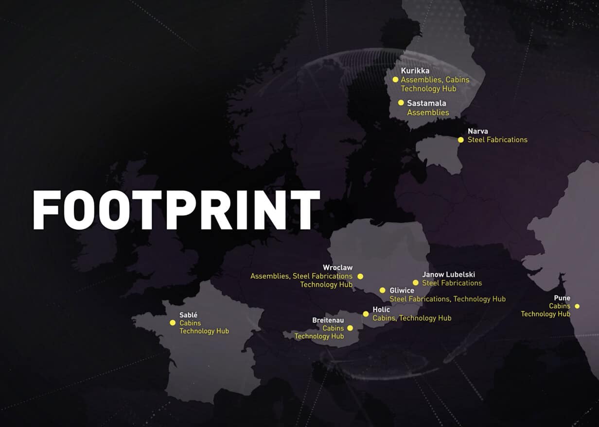 A map of Europe showing locations marked with yellow dots and labels for company facilities, including Assemblies, Cabins, Steel Fabrications, and Technology Hubs. The word "FOOTPRINT" is in bold white letters on the left.