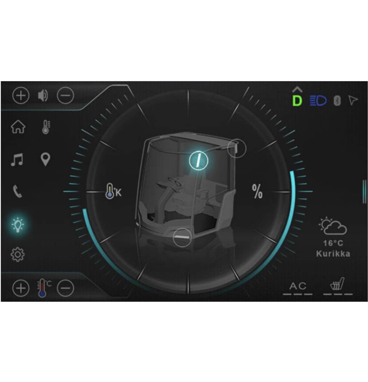 Digital dashboard display showing a 3D rickshaw image, temperature (16°C, Kurikka), fuel and battery indicators, AC controls, and various icons for home, music, navigation, and settings.