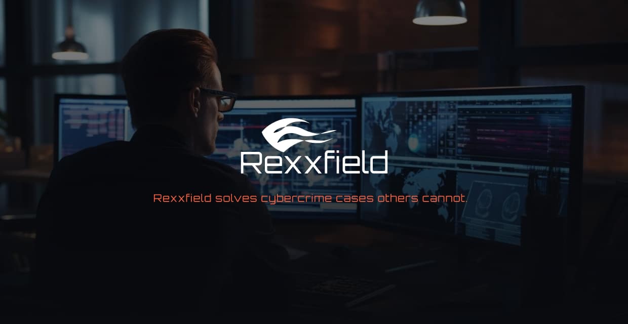 rexxfield-case A person sits at a desk with multiple computer monitors displaying data, with the Rexxfield logo and the text "Rexxfield solves cybercrime cases others cannot" overlaid on the image.