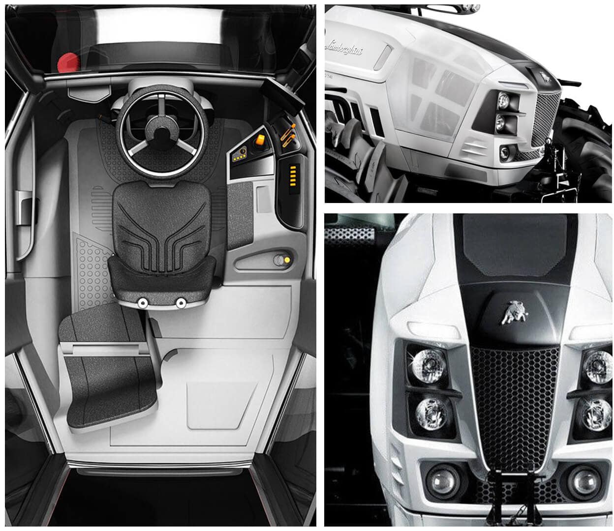 A collage featuring three images of a modern tractor. Left: The interior cabin with a steering wheel and seat. Top right: The front and side view showing the brand logo. Bottom right: A frontal close-up highlighting the headlights and grille.