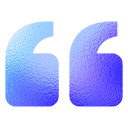 A blue and purple gradient quotation mark symbol with a frosted, textured appearance on a light background.