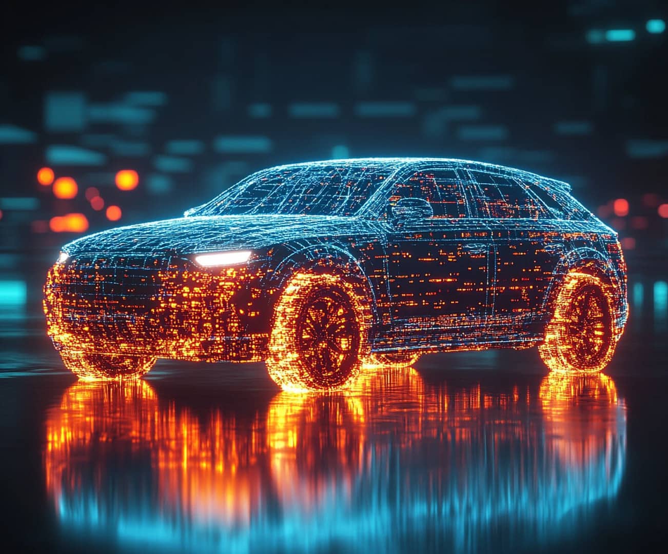 A futuristic car is depicted as a glowing digital hologram, with blue and orange lights forming its shape. It appears against a dark, abstract background with reflections on the ground, resembling a vibrant technological landscape.