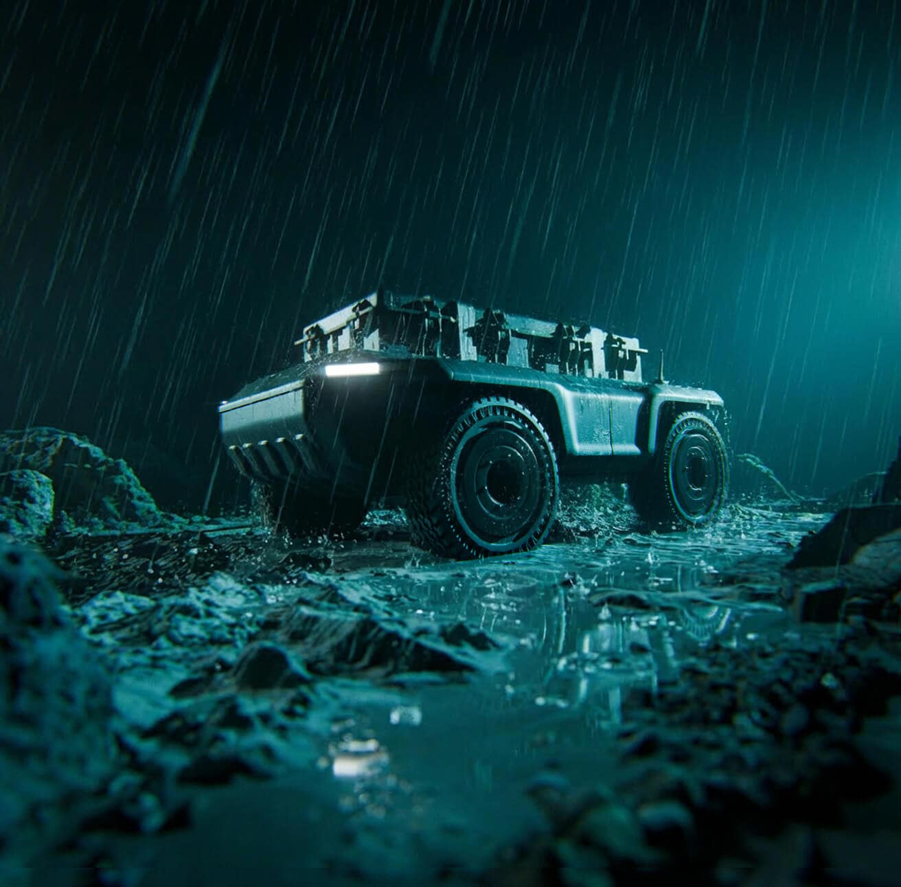 A rugged, futuristic off-road vehicle with bright headlights drives through rain on a muddy, rocky terrain at night, illuminated by a bluish light.