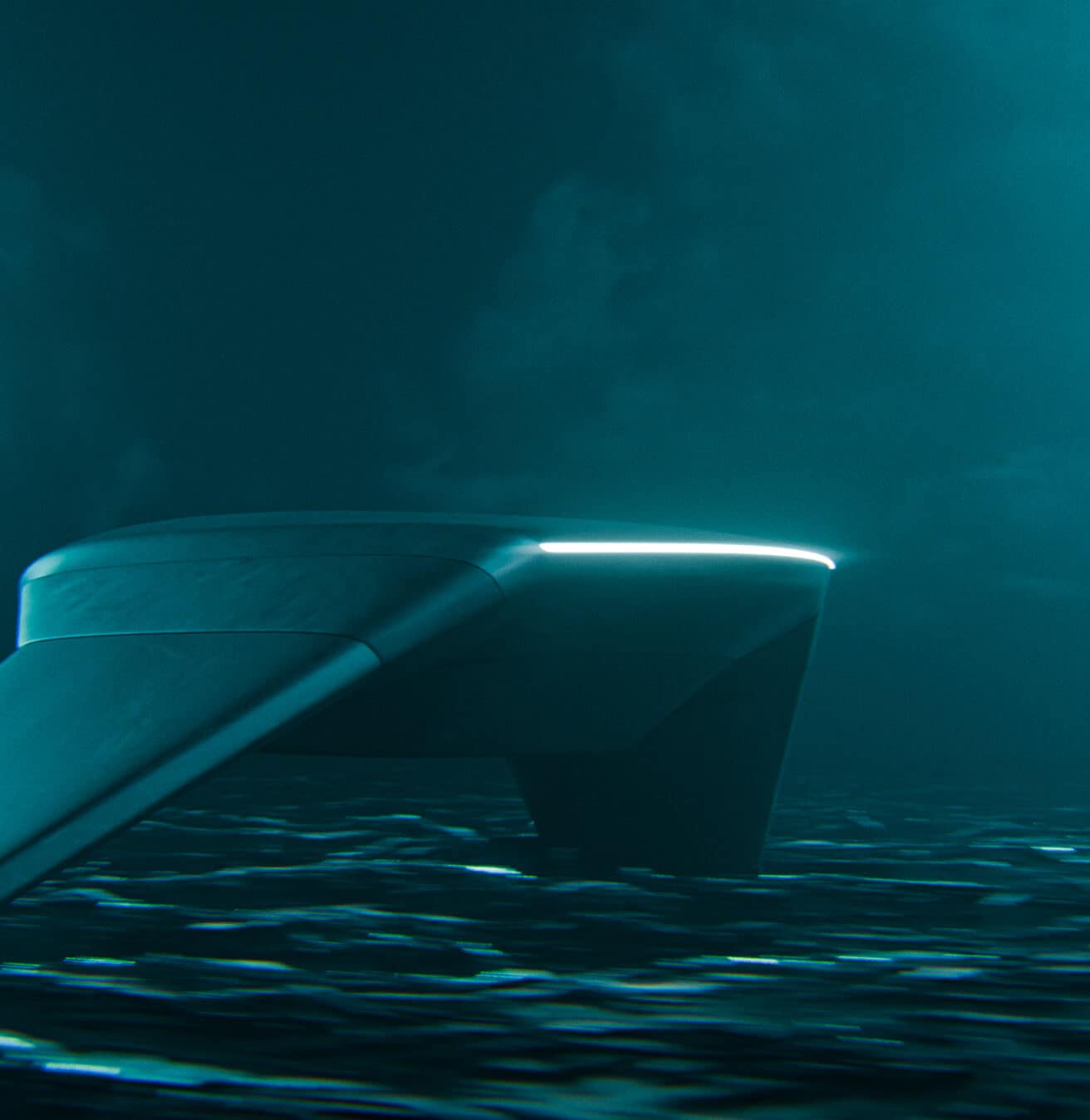 A futuristic, angular vessel with a glowing light strip on its edge floats on dark, wavy water under a moody, cloud-filled night sky.