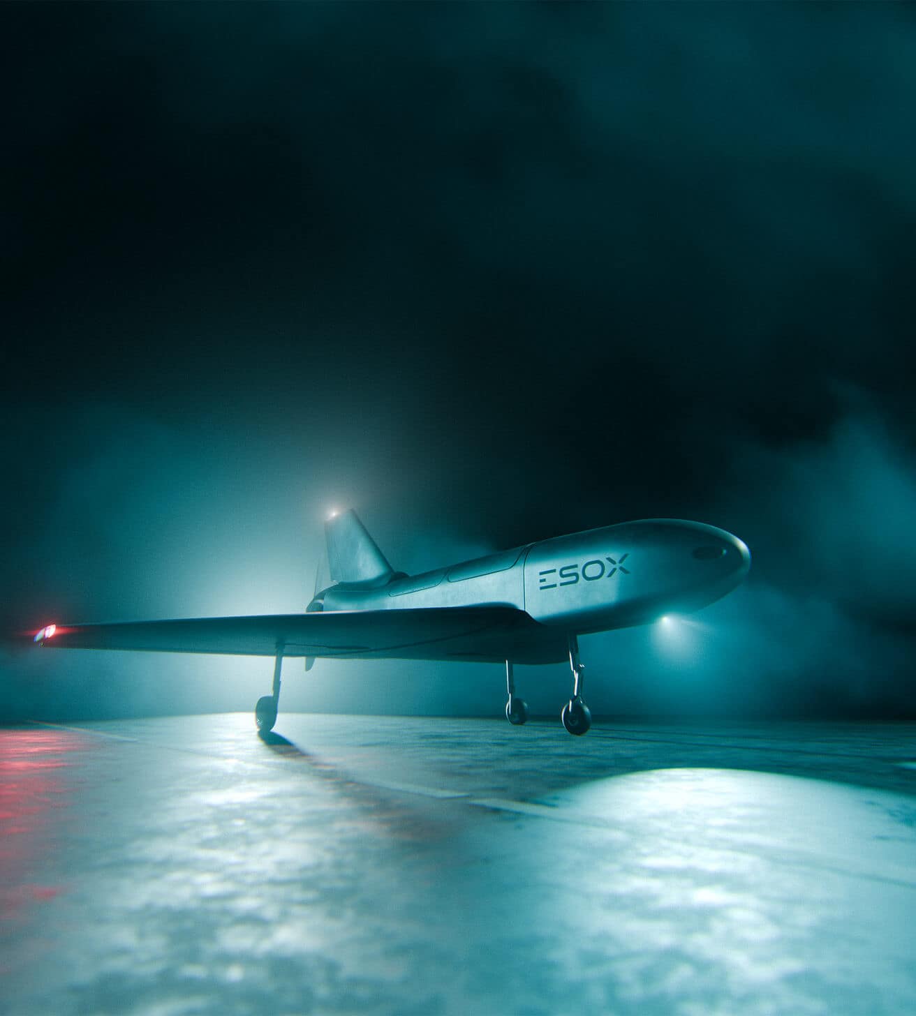 A sleek, futuristic aircraft labeled "ESOX" stands on a foggy runway at night, illuminated by dramatic blue and white lights with its navigation lights glowing red.