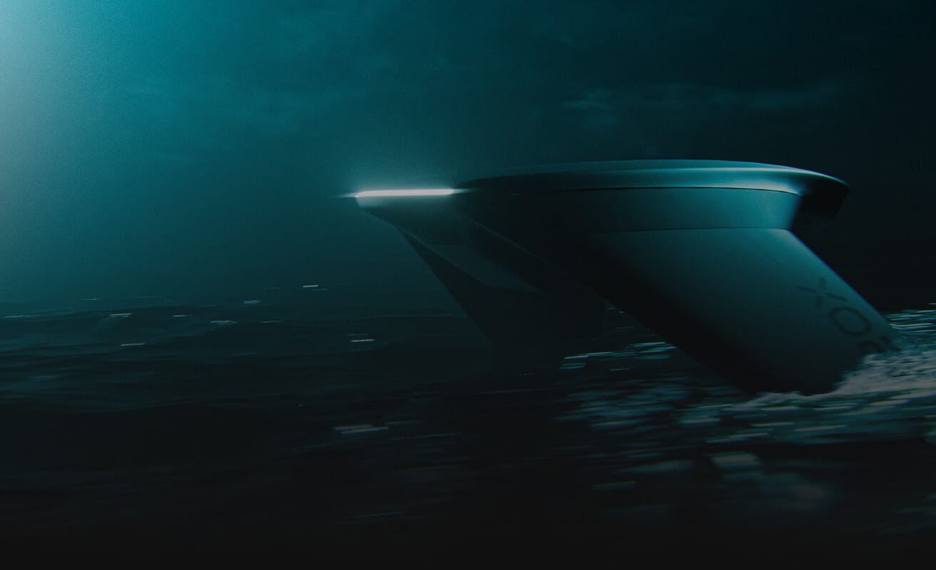 A futuristic dark vessel with glowing lights partially emerges from choppy, dark ocean waves under a moody night sky.