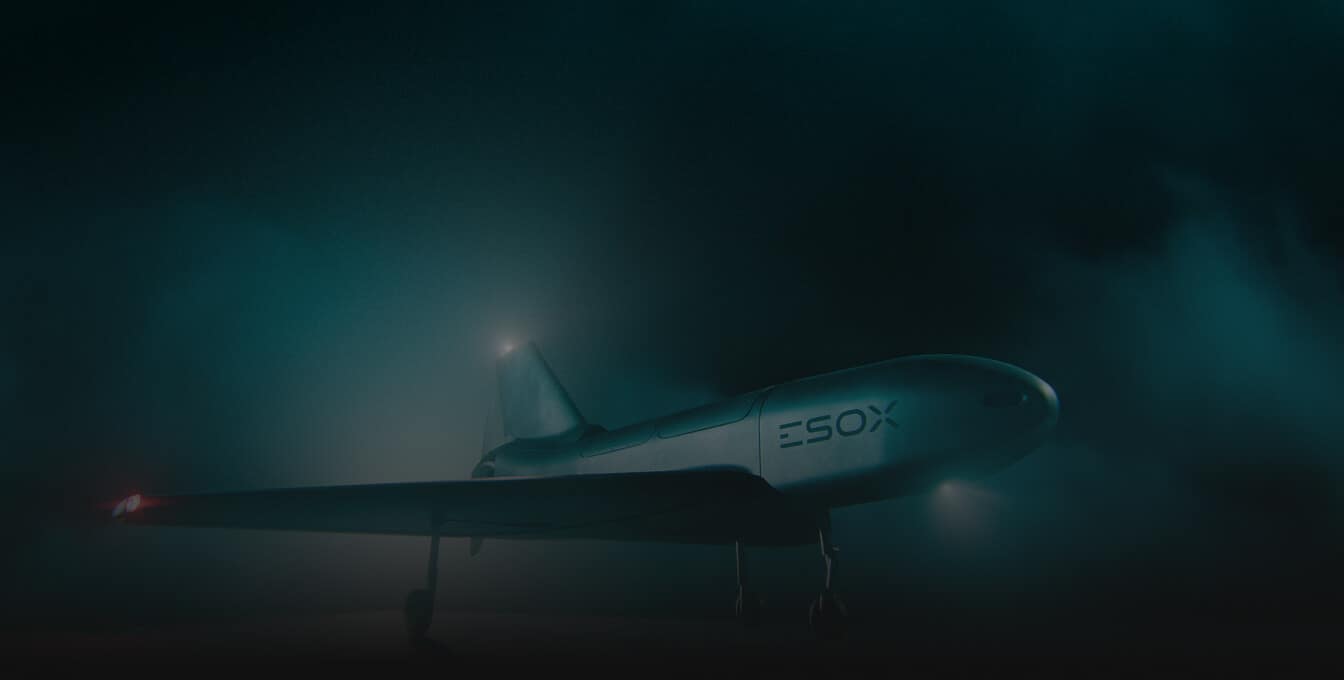 A sleek, futuristic aircraft labeled "ESOX" is illuminated in a dark, foggy environment with faint blue-green lights shining through the mist.