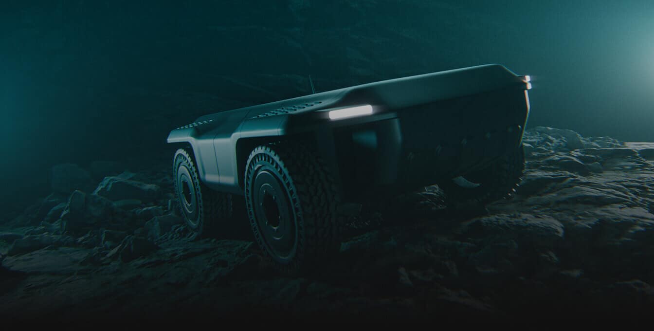 A rugged, futuristic four-wheeled robotic vehicle with headlights navigates a rocky, dimly lit terrain, surrounded by a dark, misty atmosphere.