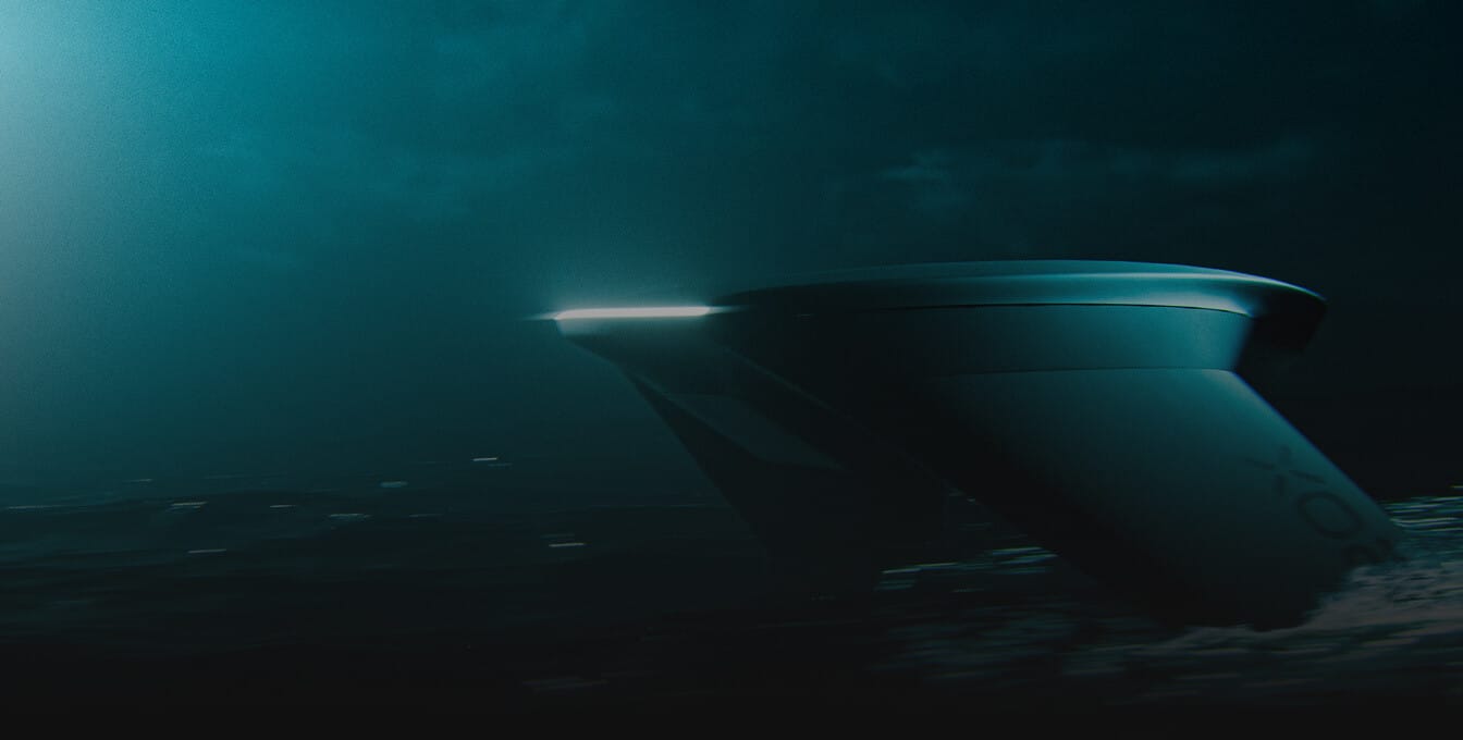 A dark, futuristic vessel with a glowing edge partially emerges from the ocean at night, illuminated by a soft light above, with rippling water and clouds in the background.