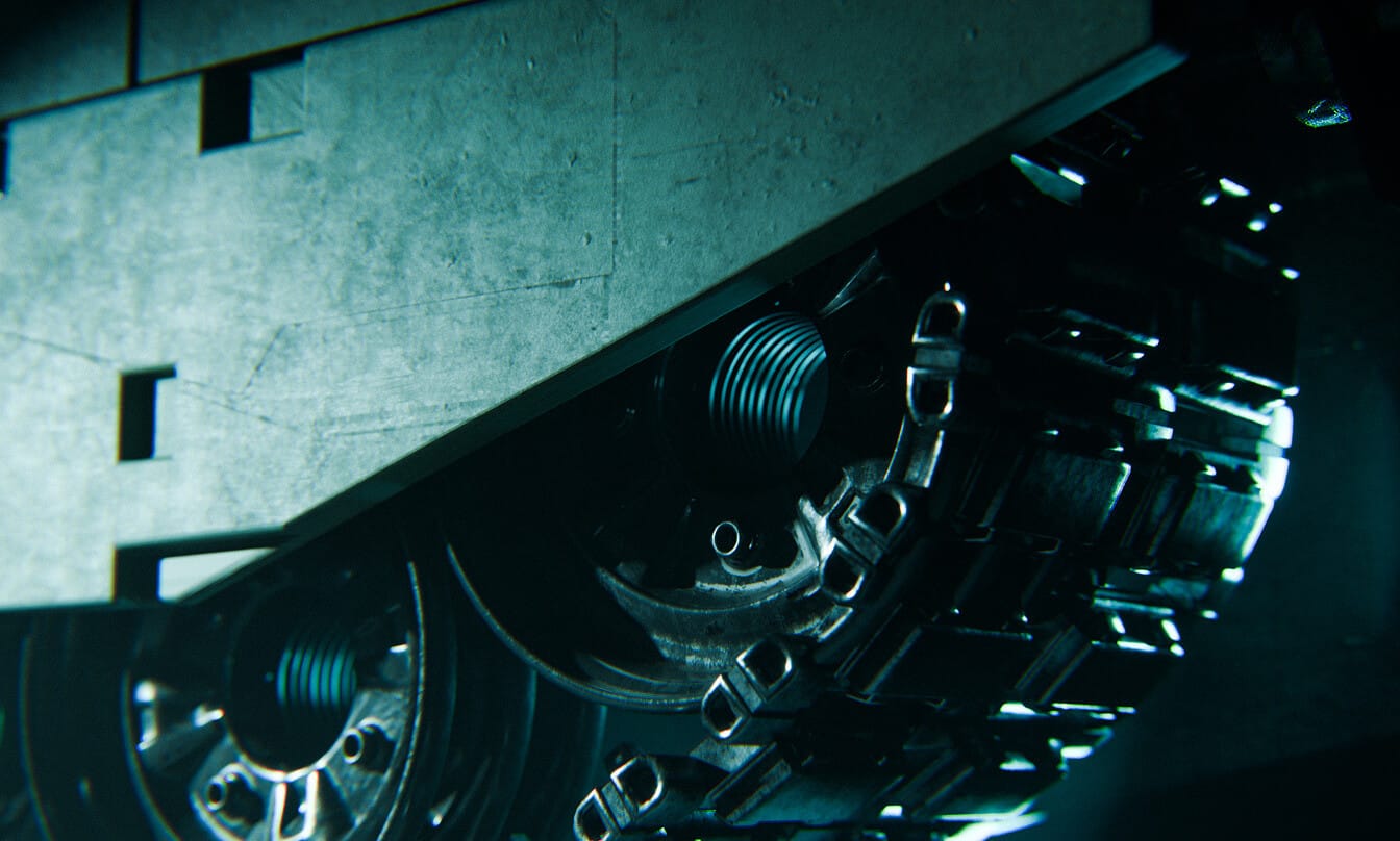 Close-up view of the metal wheels and heavy treads of a tank, partially obscured by its armored body, with dramatic lighting highlighting mechanical details.