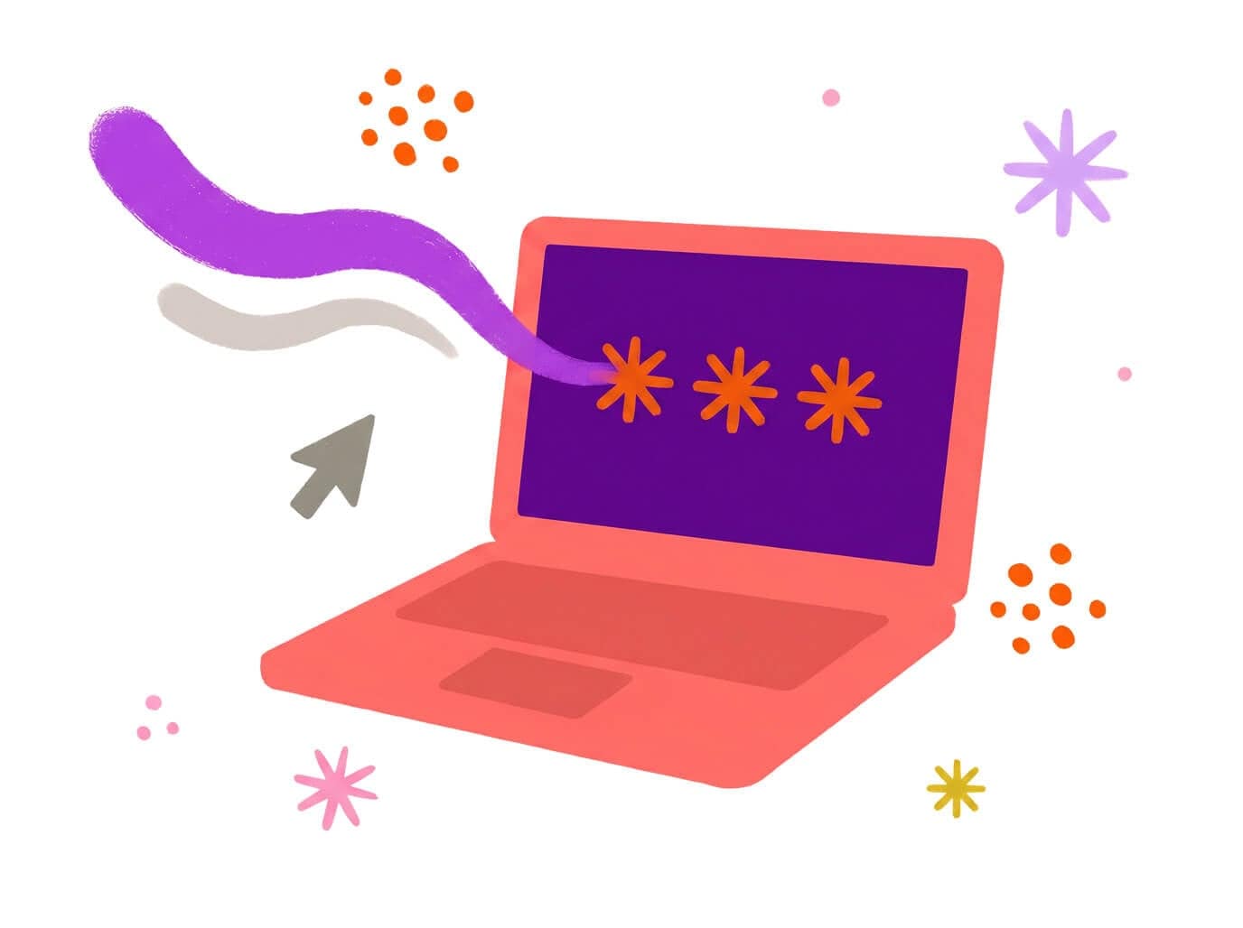 An illustration of a red laptop with a purple screen displaying three orange asterisks, while a wavy purple line enters the screen. Colorful stars and dots decorate the white background.