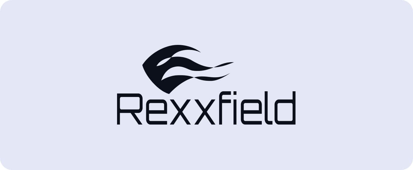 The image shows the Rexxfield logo, featuring a stylized, abstract black shape resembling an eye or flame, above the word "Rexxfield" written in a modern, bold font on a light grey background.