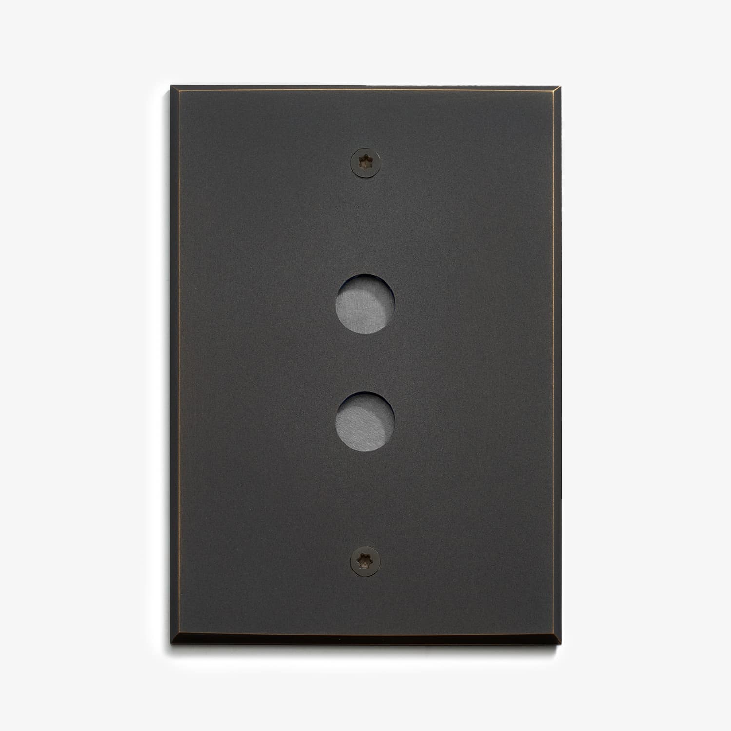 A black, rectangular dual speaker panel with two circular speaker grilles and exposed screw heads, isolated on a white background.