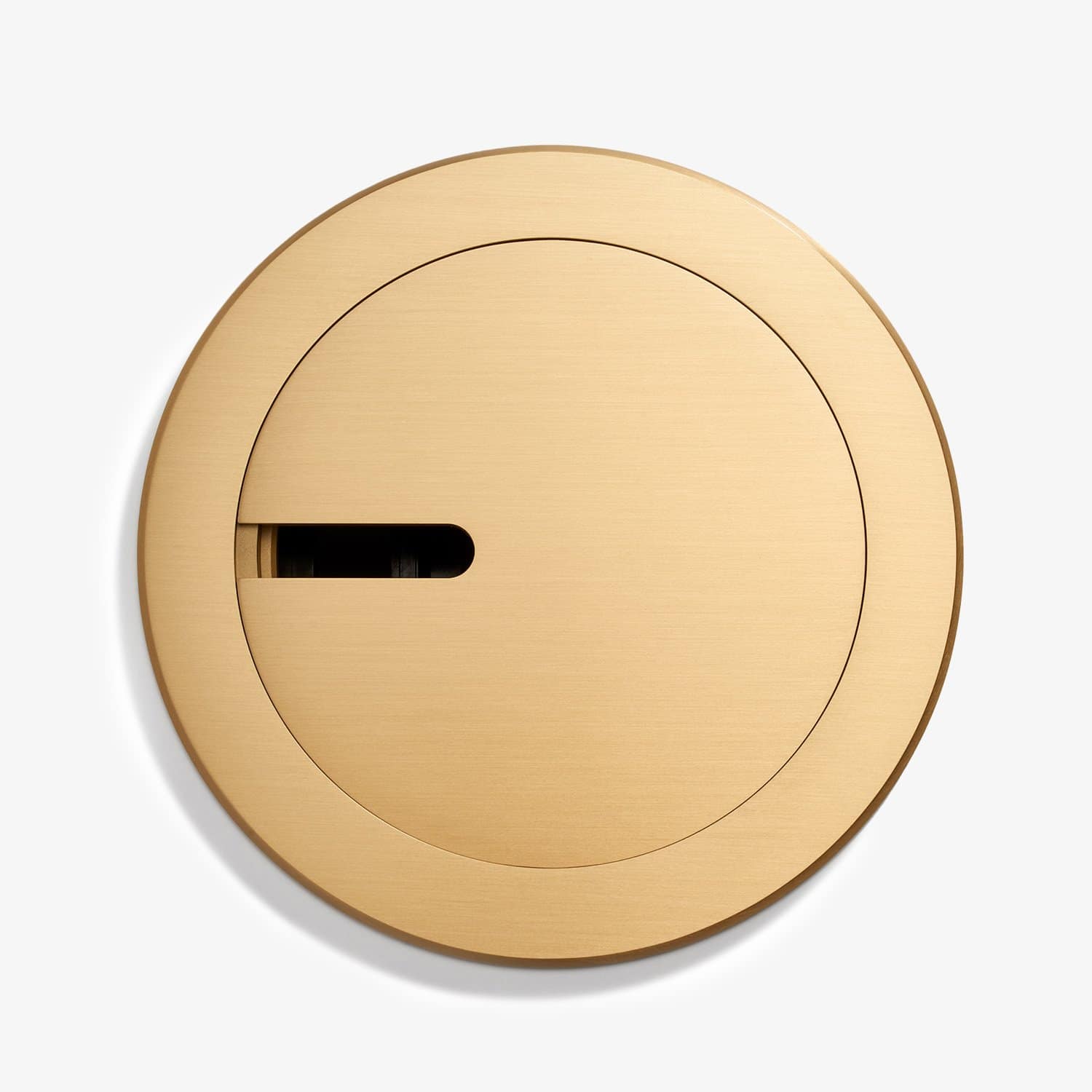A minimalist gold round wall light with a sleek, narrow slot emitting light, mounted on a white background.