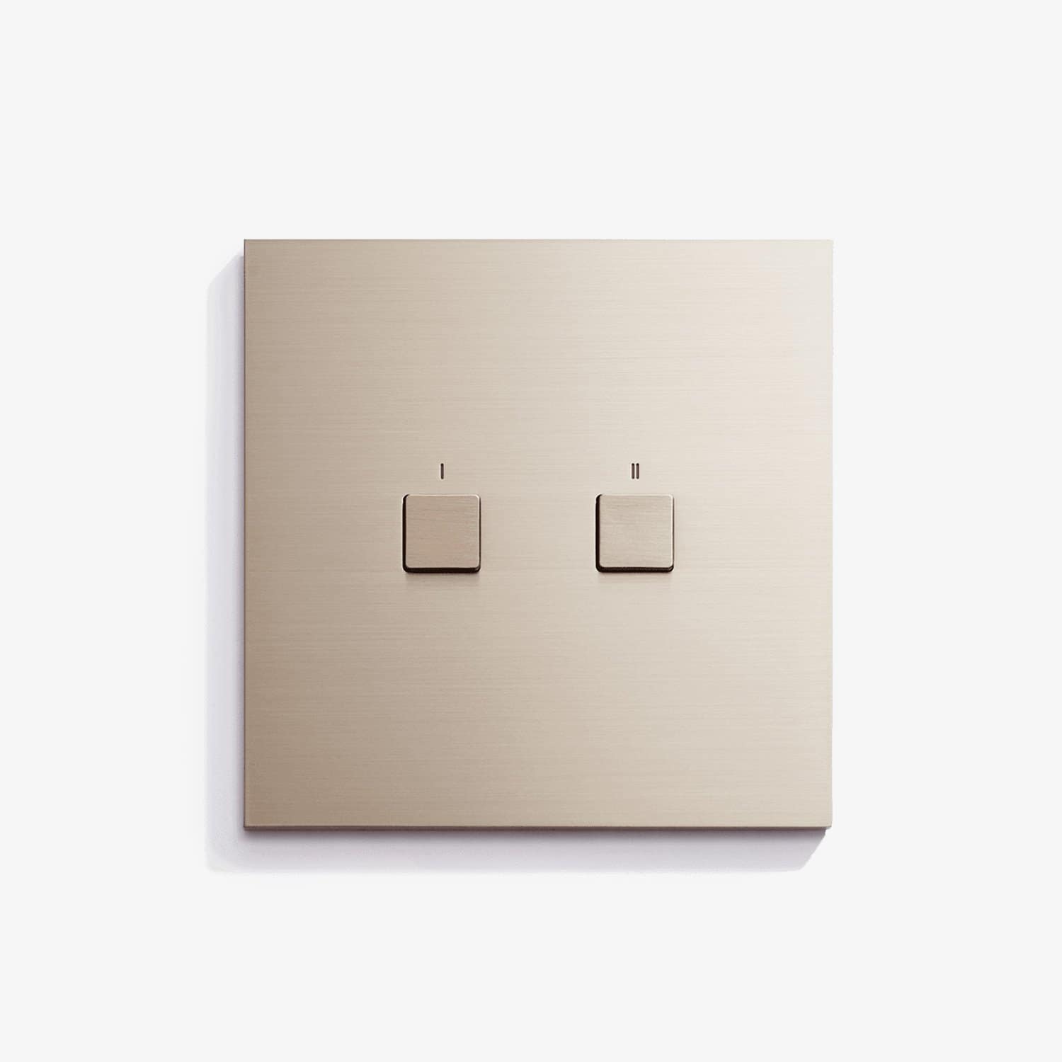 A minimalist champagne-colored double light switch mounted on a plain white wall.