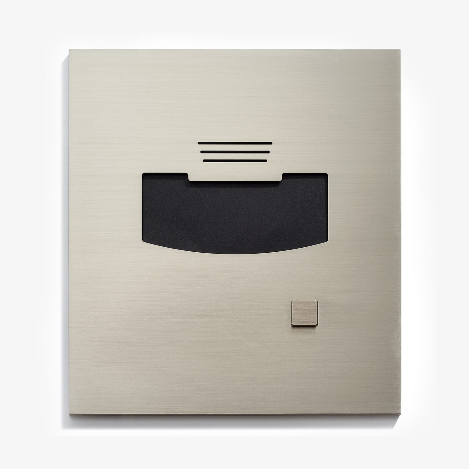 A close-up of a modern, silver-colored diskette drive with a black disk slot and a small eject button, isolated on a white background.
