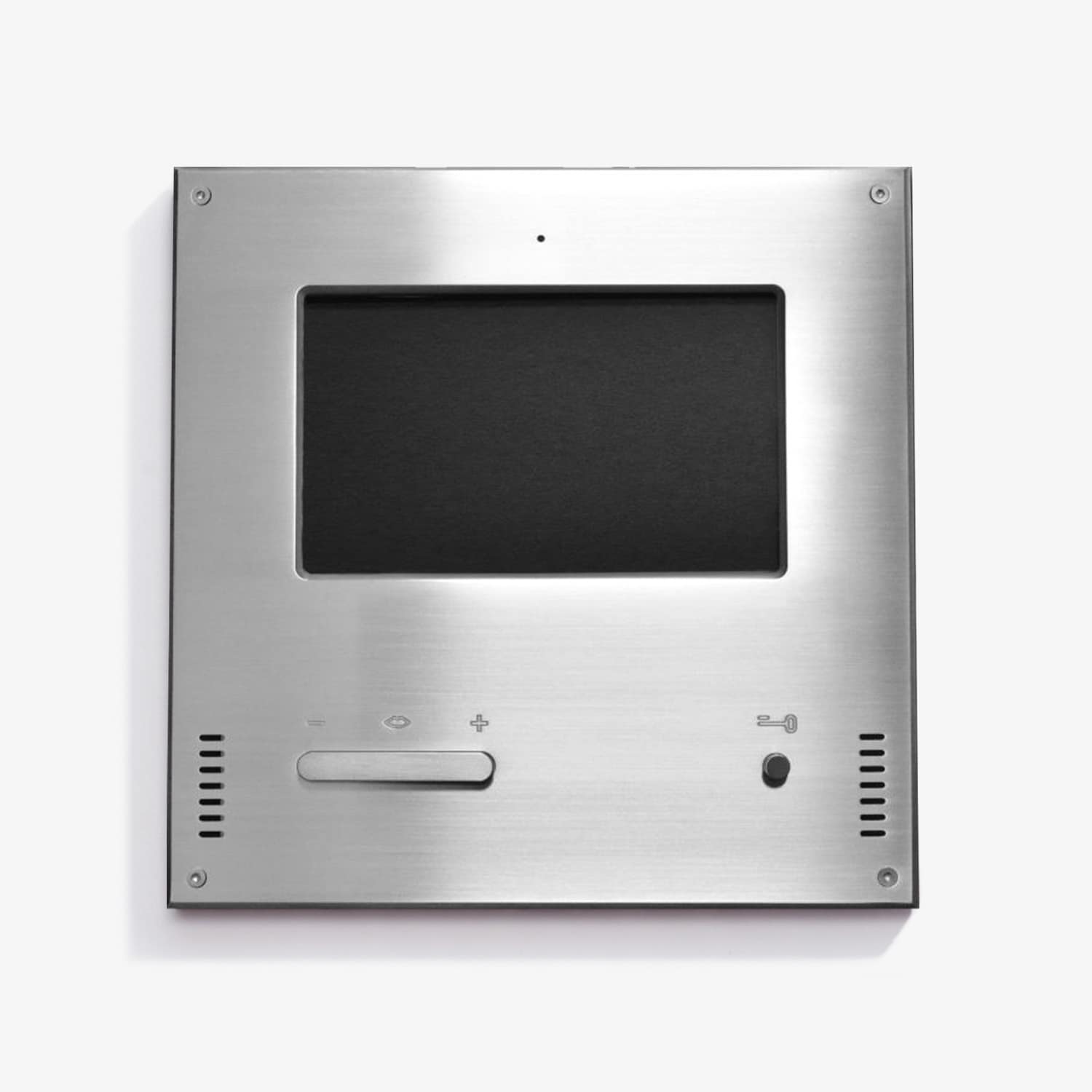 Modern stainless steel intercom system with display screen on a white background.