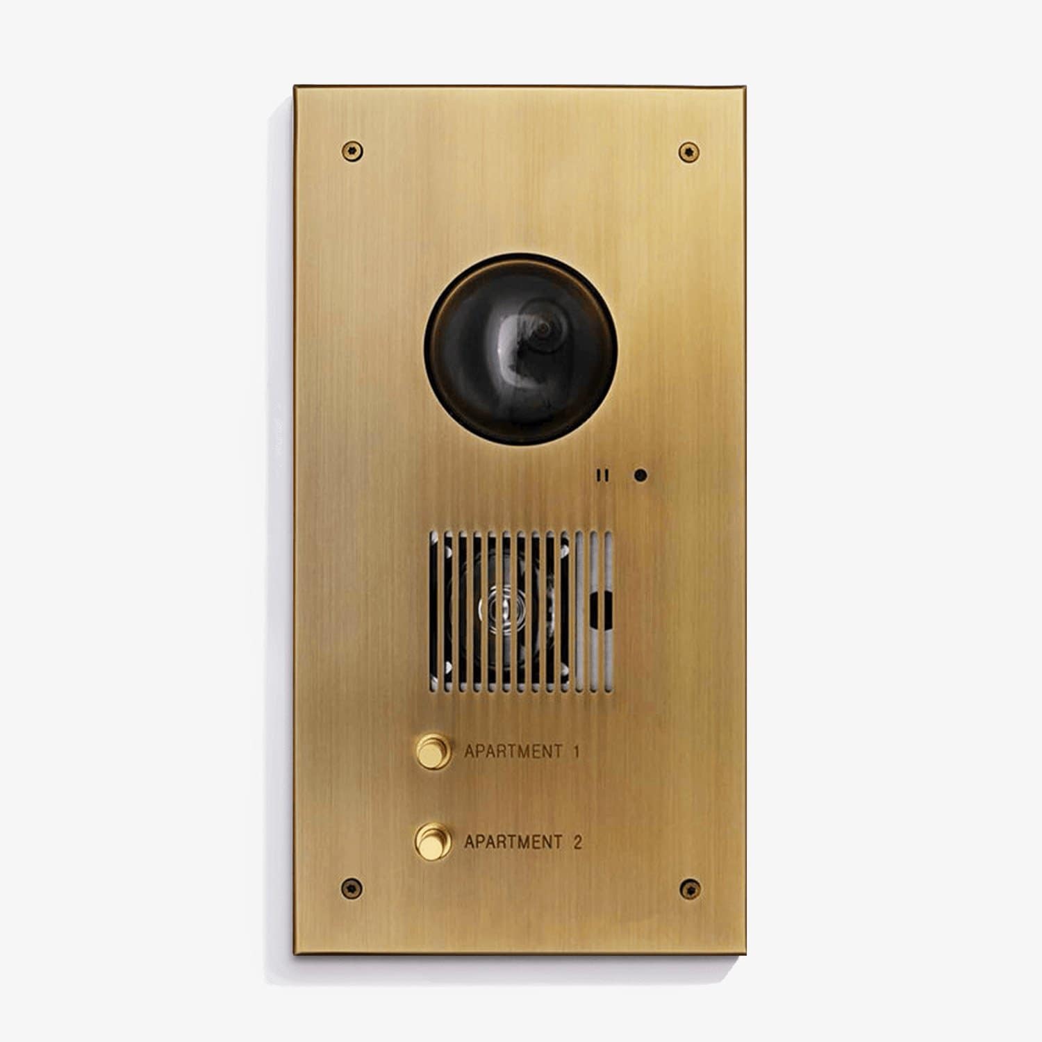 Gold-finished intercom system on a white background, with buttons for apartment 1 and apartment 2.