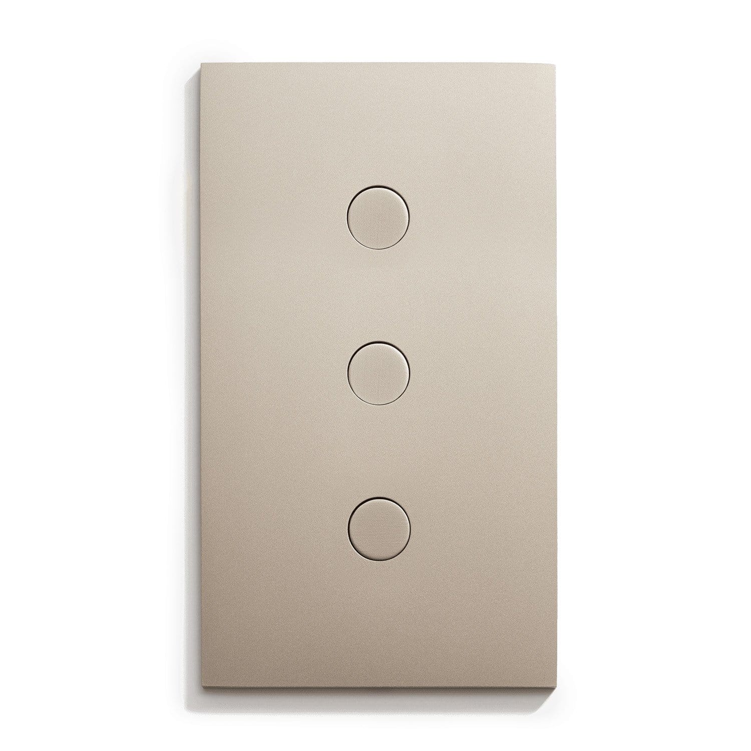 A light switch with three buttons on a white surface.