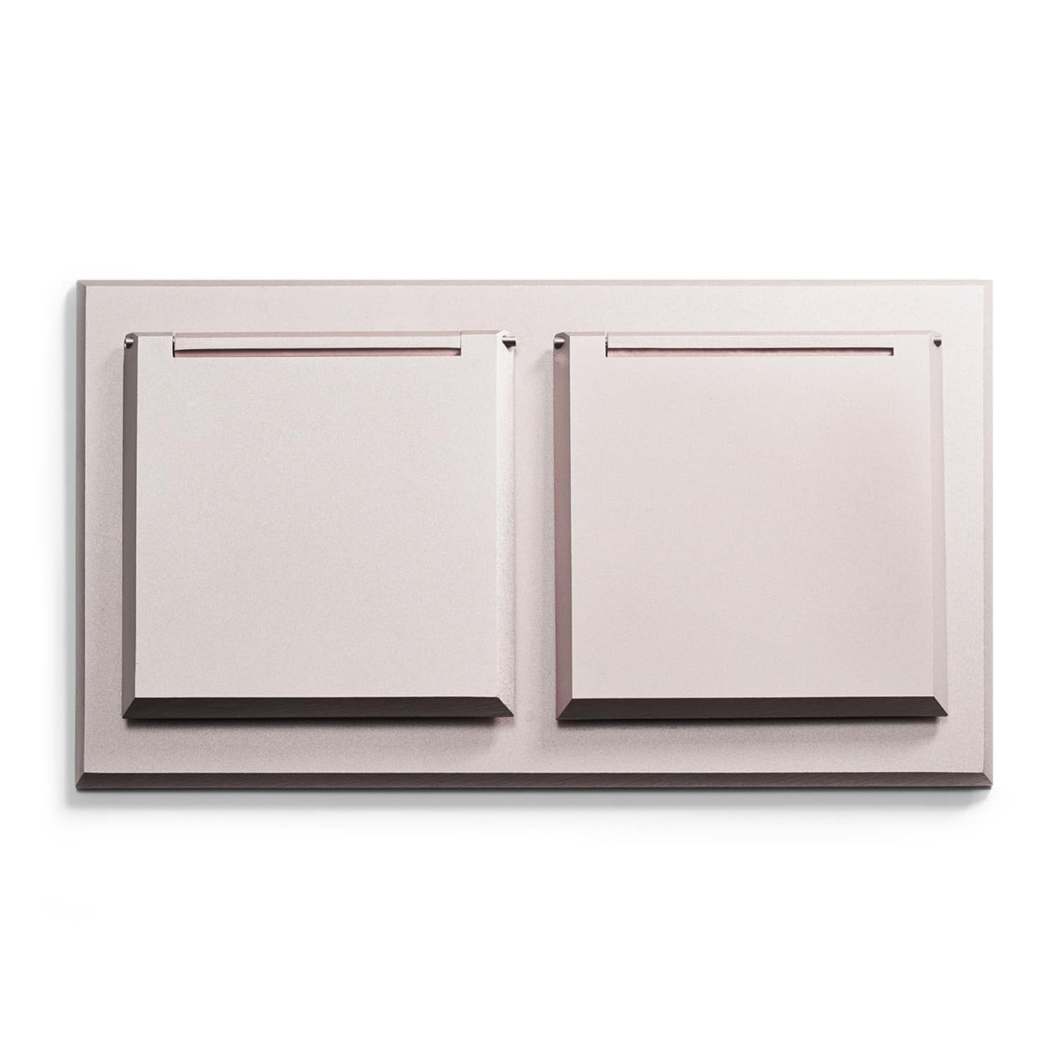 A pink wall mounted shelf with two drawers.