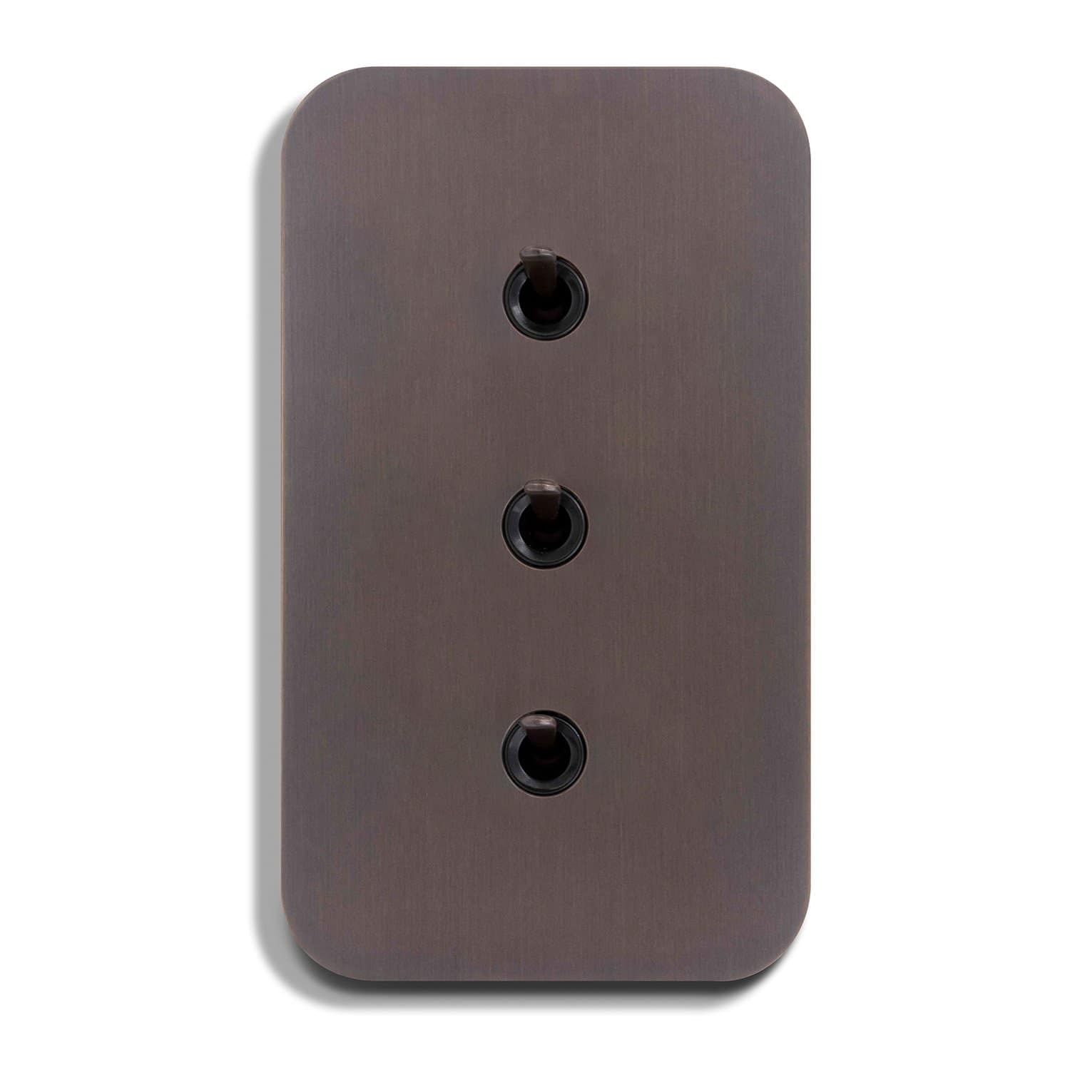 An image of a brown switch plate with three black buttons.