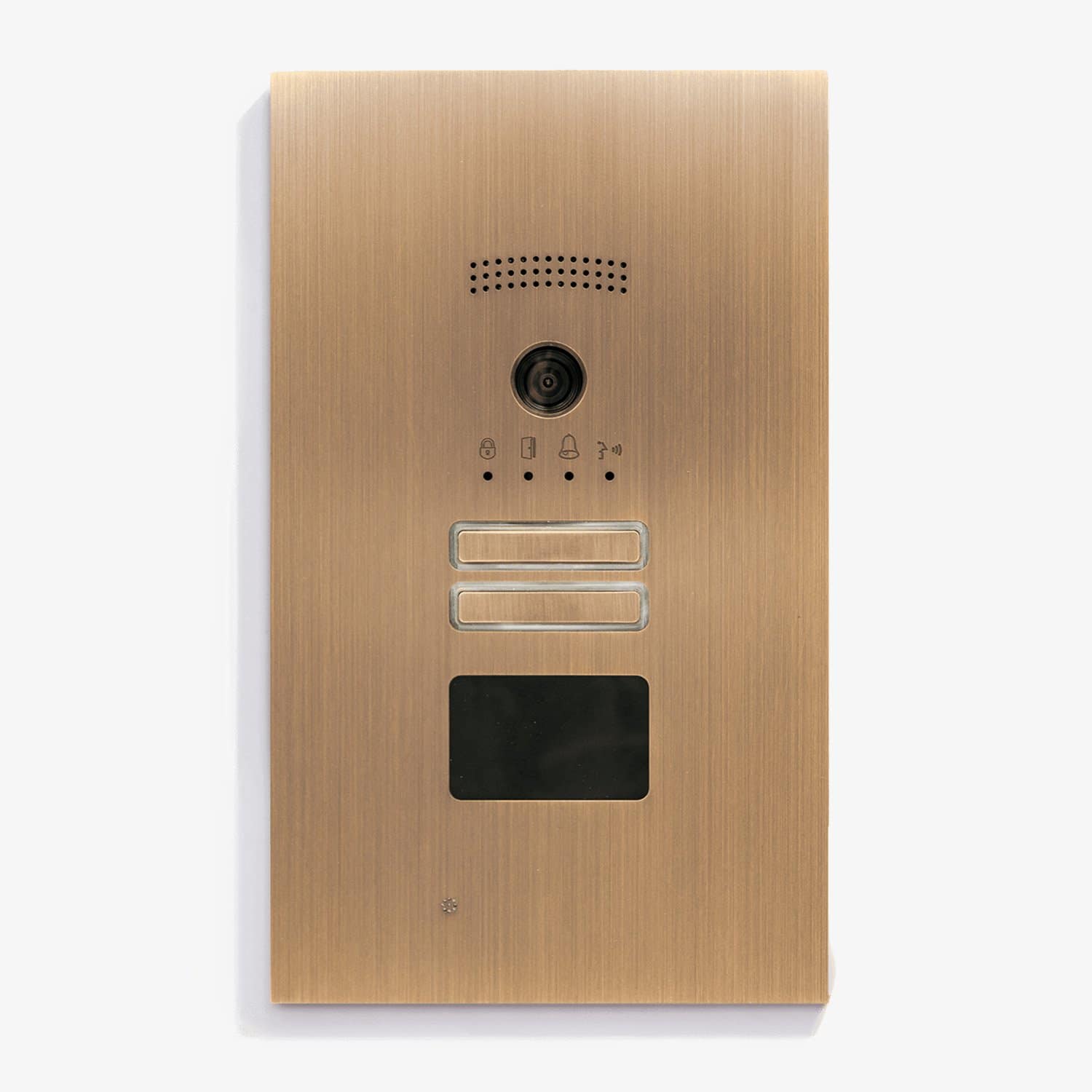 An image of a gold doorbell with a button on it.