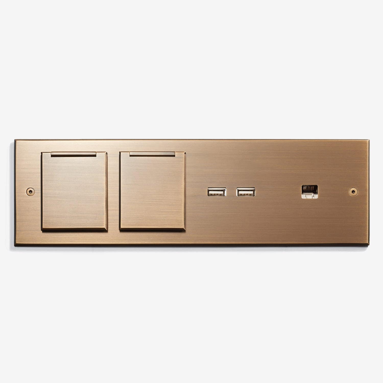 Brushed bronze wall plate featuring a combination of power outlets and usb charging ports.