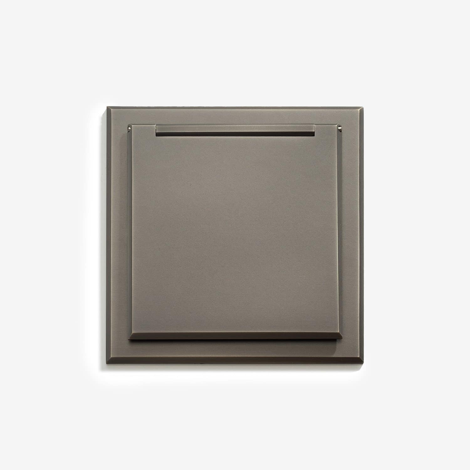 Modern square-shaped wall-mounted switch or socket plate on a white background.