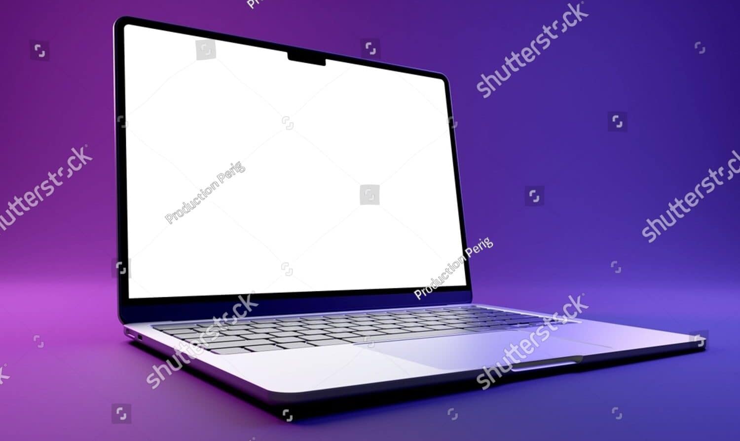 A laptop with a blank screen sits against a purple gradient background. The laptop is slightly open and viewed from a lower angle, showcasing the keyboard and touchpad.