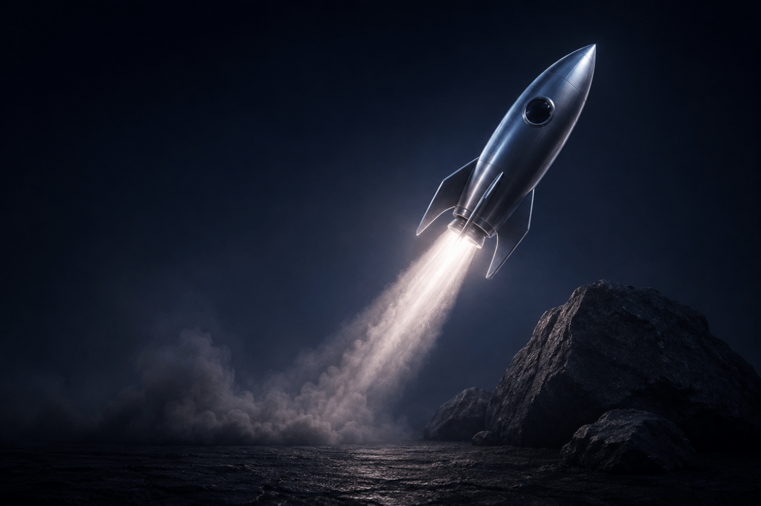 A sleek, metallic rocket launches into a dark night sky, leaving a trail of smoke and light behind, with large rocky formations in the foreground.