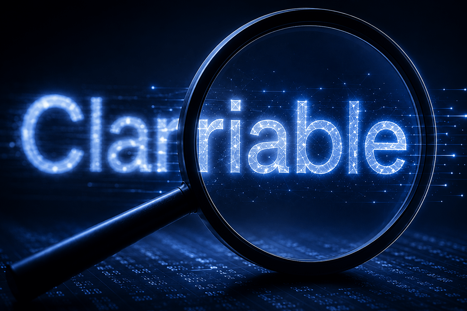 A magnifying glass focuses on the word “Clarriable” written in glowing blue digital letters against a dark background, suggesting clarity or analysis.