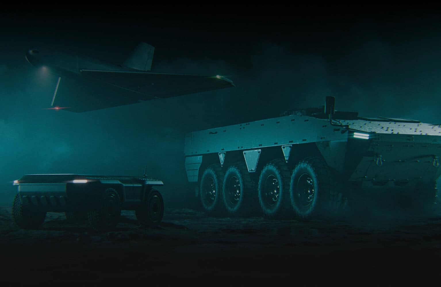 A military drone flies above a large armored vehicle with multiple wheels, while a smaller robotic ground vehicle moves nearby in a dark, misty environment.