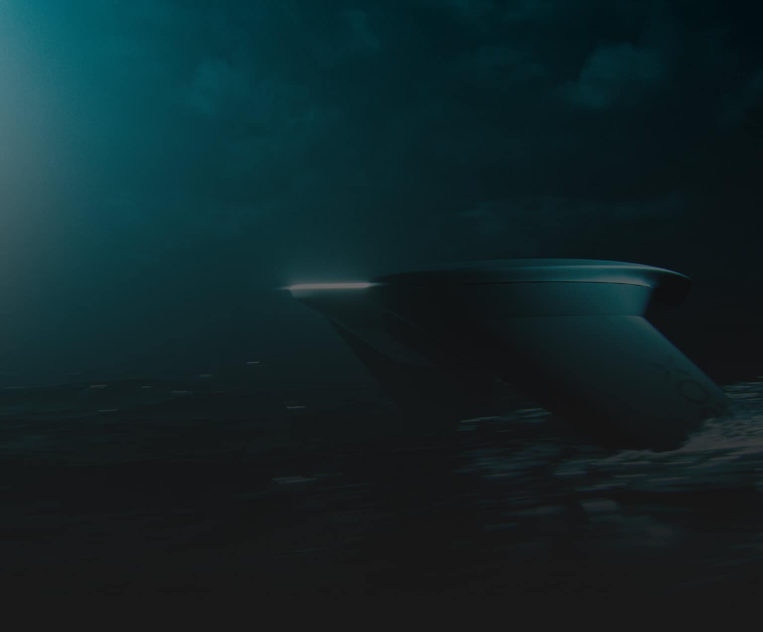 A large, futuristic ship with glowing edges is partially submerged in dark ocean water at night, illuminated by a faint, moody light against a cloudy sky.