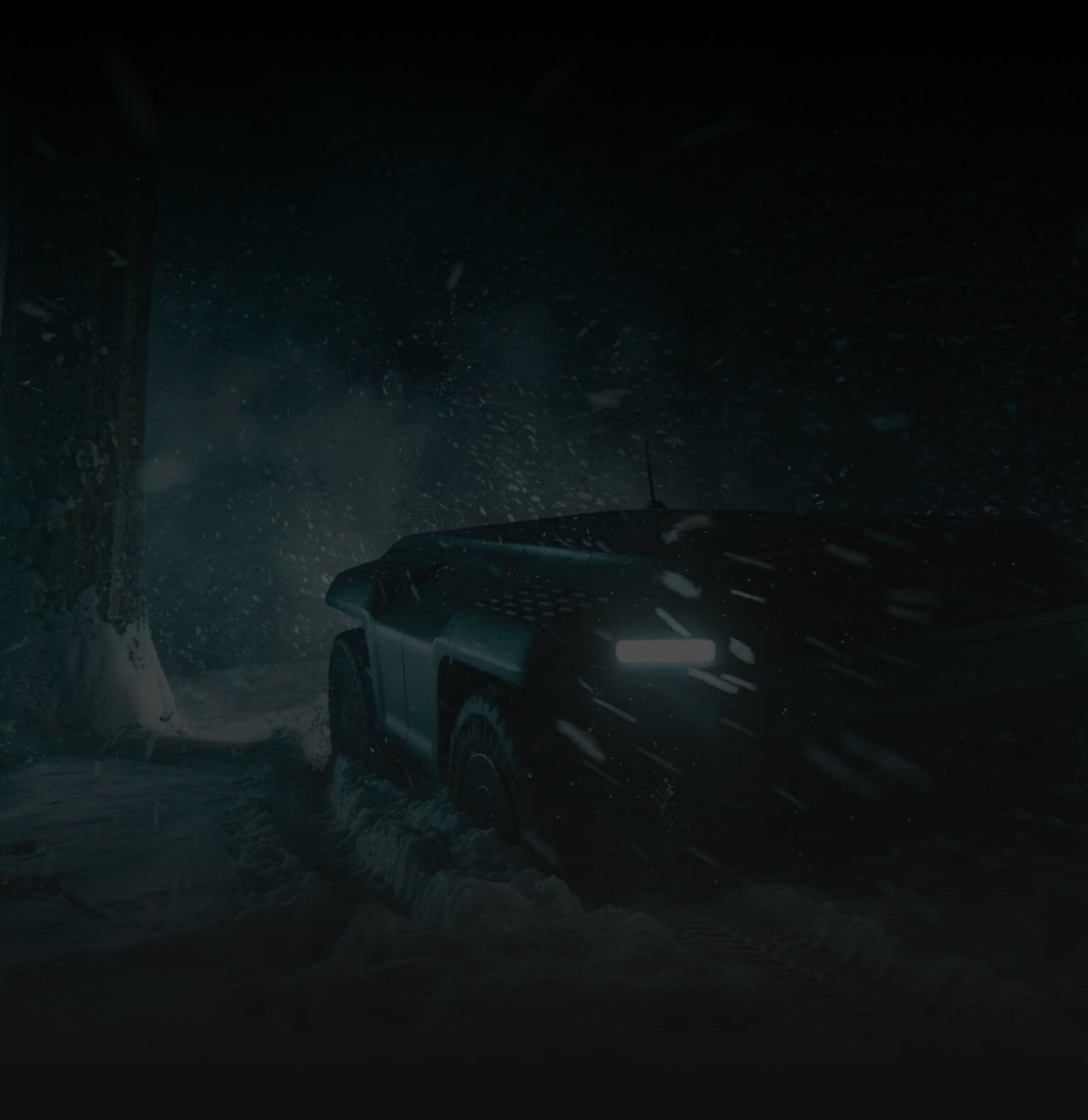 A dark, futuristic vehicle with bright headlights drives through heavy snow at night, leaving deep tire tracks in the snowy ground as snow falls heavily around it.