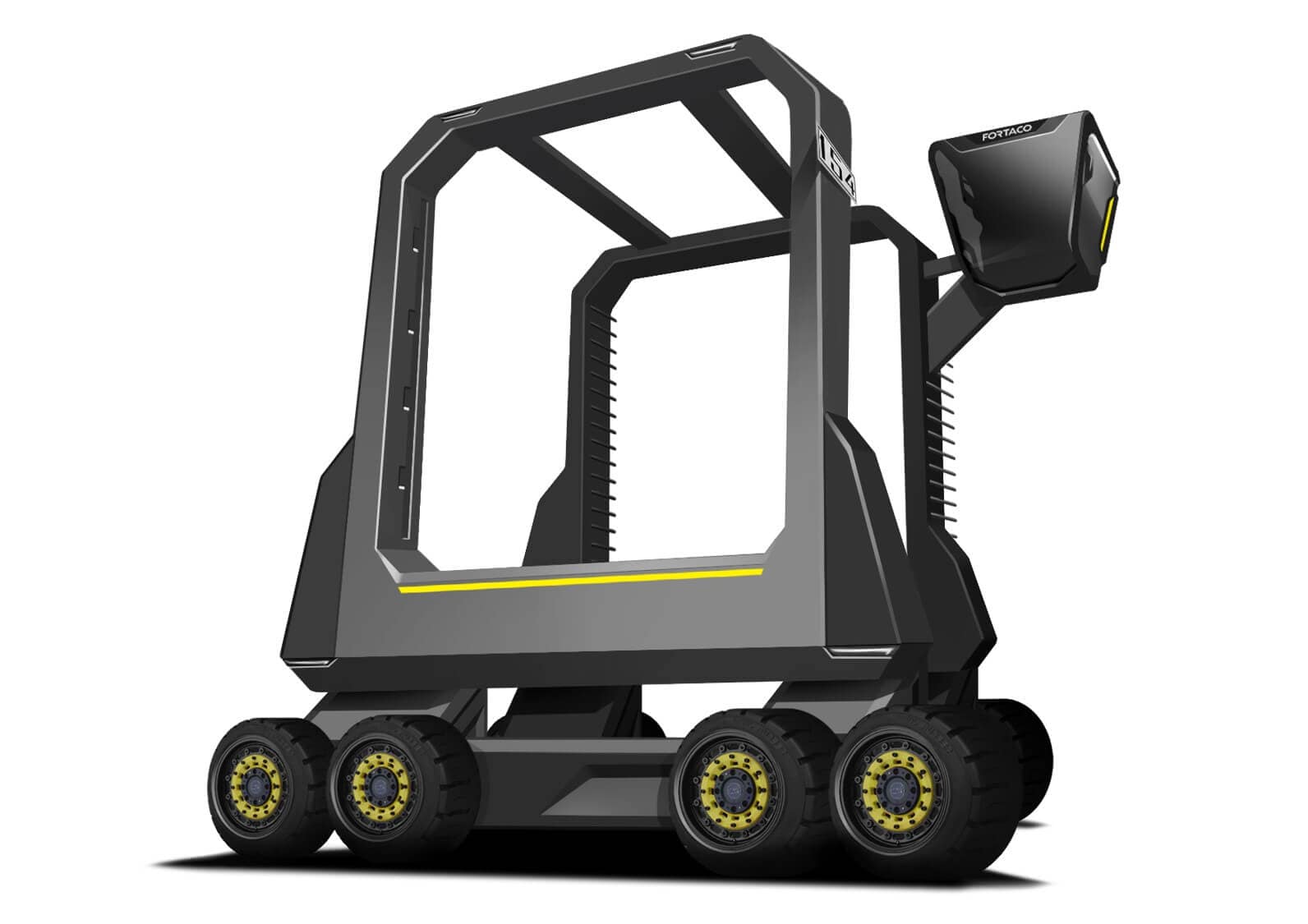 A futuristic, six-wheeled robotic vehicle with an open rectangular frame and a box-shaped sensor or camera mounted on an arm, featuring yellow accents on the wheels and body.