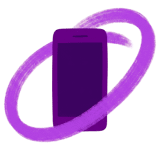 A stylized purple smartphone with a bold, sweeping circular purple brushstroke looping around it on a light background.
