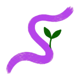 A simple illustration of a purple curved brushstroke forming an "S" shape with a small green seedling sprouting from the middle. The background is light gray.